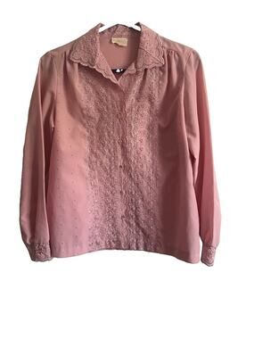 Vintage Lee Mar Pageant Pink Eyelet Embroidered Prairie Blouse Cottagecore M/L